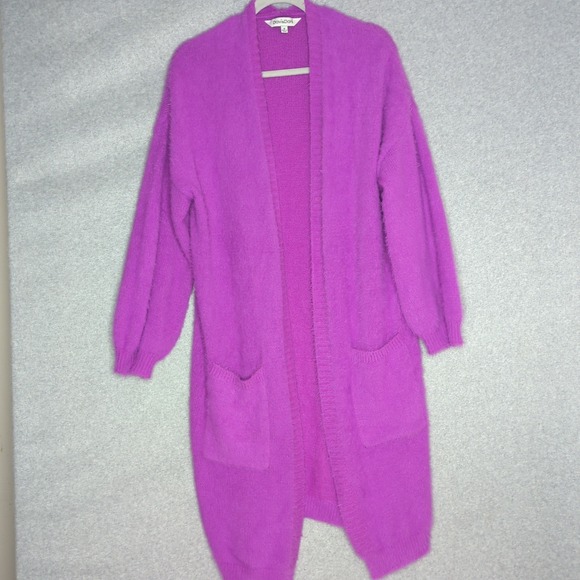 Davi & Dani Purple Fuzzy Knit Long Cardigan Open Front Pockets Womens - Picture 1 of 4
